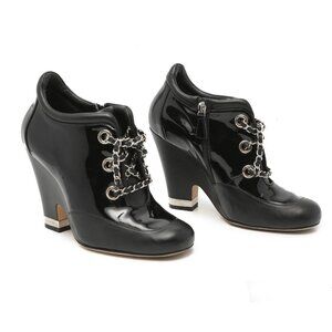 Chanel Patent Calfskin Leather Lambskin Lace Up Wedge Short Boots Black Silver